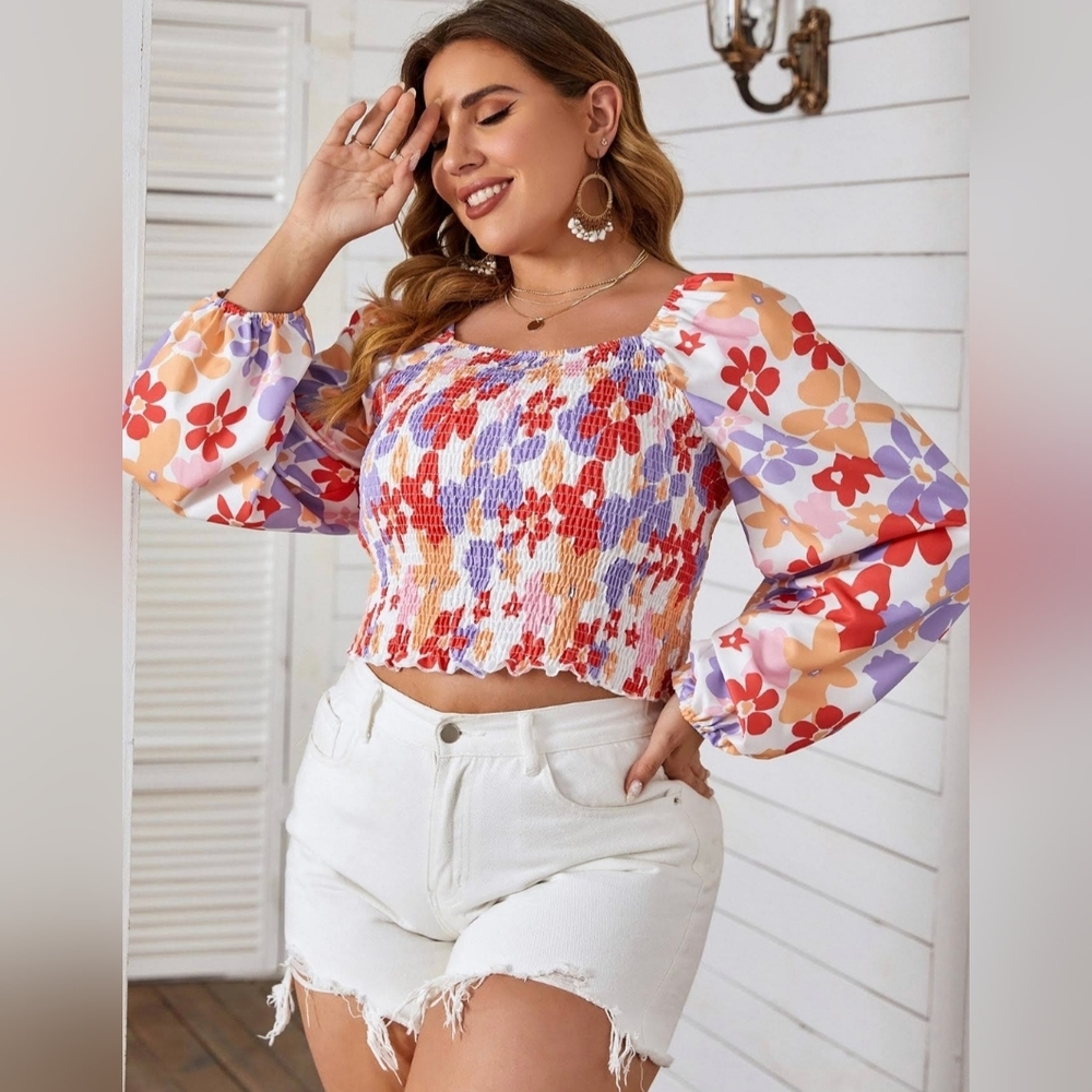 Shein Curvy Floral Smocked Crop Top NWOT